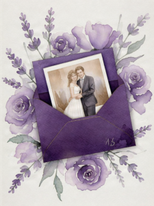 Polaroid photo of a wedding couple inside a purple envelope with lavender flowers