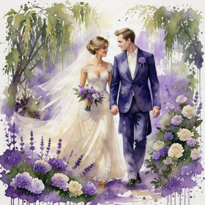 Romantic wedding couple walking in a garden