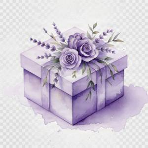 Watercolor purple gift box with lavender and roses decoration